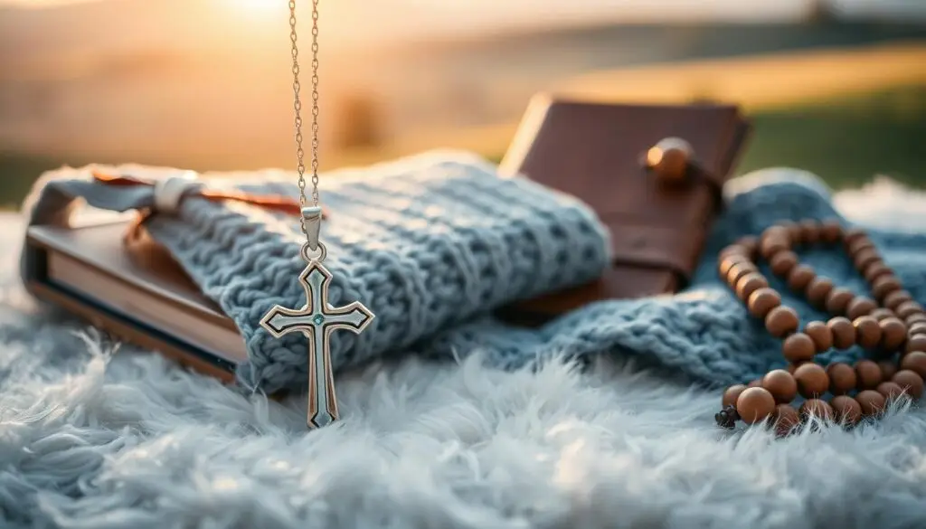 A beautifully crafted christening gift for a young boy, resting atop a soft, plush surface. In the foreground, a gleaming silver cross pendant hangs from a delicate chain, symbolizing the child's newfound faith. Surrounding it, an arrangement of cherished keepsakes - a hand-knitted blanket in soothing blues and grays, a leather-bound journal for documenting life's milestones, and a polished wooden rosary beads. The mid-ground features a subtle halo of warm, diffused lighting, creating a serene, reverent atmosphere. In the background, a soft, blurred landscape of rolling hills and distant trees, evoking a sense of tranquility and new beginnings. The overall composition conveys the meaningful significance of this special occasion. A beautifully crafted christening gift for a young boy, resting atop a soft, plush surface. In the foreground, a gleaming silver cross pendant hangs from a delicate chain, symbolizing the child's newfound faith. Surrounding it, an arrangement of cherished keepsakes - a hand-knitted blanket in soothing blues and grays, a leather-bound journal for documenting life's milestones, and a polished wooden rosary beads. The mid-ground features a subtle halo of warm, diffused lighting, creating a serene, reverent atmosphere. In the background, a soft, blurred landscape of rolling hills and distant trees, evoking a sense of tranquility and new beginnings. The overall composition conveys the meaningful significance of this special occasion.