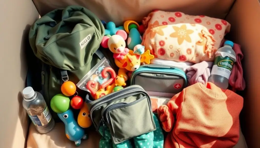 A carefully curated collection of essential items for a child's travel adventure, including a sturdy backpack, a cozy blanket, a set of colorful toys, a portable snack box, a water bottle, a first-aid kit, and a change of comfortable clothing. The scene is bathed in warm, natural lighting, creating a sense of comfort and readiness for the journey ahead. The items are arranged in a visually appealing and organized manner, reflecting the careful planning and attention to detail required for a successful child-friendly getaway. A carefully curated collection of essential items for a child's travel adventure, including a sturdy backpack, a cozy blanket, a set of colorful toys, a portable snack box, a water bottle, a first-aid kit, and a change of comfortable clothing. The scene is bathed in warm, natural lighting, creating a sense of comfort and readiness for the journey ahead. The items are arranged in a visually appealing and organized manner, reflecting the careful planning and attention to detail required for a successful child-friendly getaway.