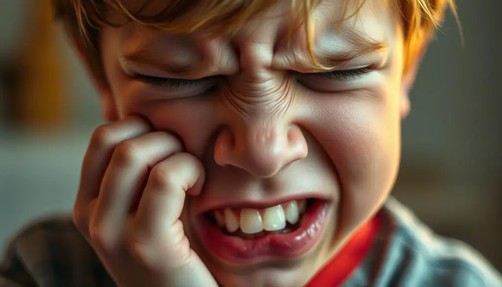 A child gritting their teeth in distress, with a pained expression on their face. Captured in a close-up, high-resolution portrait-style photograph, with soft, warm lighting that highlights the tension in the subject's features. The background is slightly blurred, keeping the focus on the child's face and the intense, involuntary action of teeth grinding. The image conveys a sense of discomfort, anxiety, and the need for professional support to address this troubling behavior.