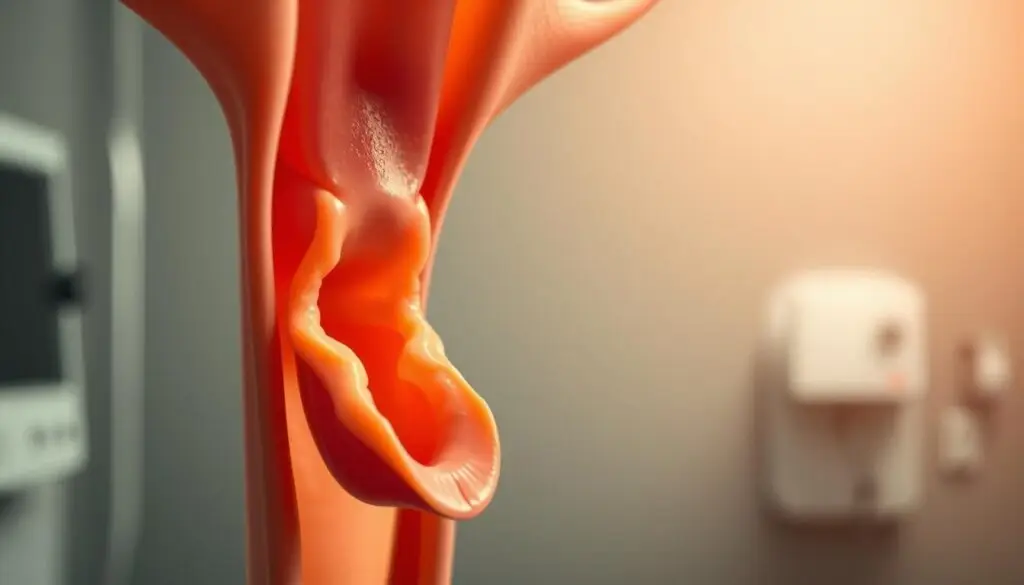 A close-up view of a human cervix, depicting the progressive shortening of the cervical canal. The image should be captured with a high-resolution medical camera, showcasing the intricate details of the cervical tissues in a soft, warm lighting. The foreground should clearly illustrate the diminishing length of the cervix, while the middle ground provides a sense of depth and context. The background should be a blurred, neutral medical setting, allowing the viewer to focus on the diagnostic subject. The overall tone should convey a clinical, yet informative atmosphere, suitable for a medical article on the topic of cervical shortening. A close-up view of a human cervix, depicting the progressive shortening of the cervical canal. The image should be captured with a high-resolution medical camera, showcasing the intricate details of the cervical tissues in a soft, warm lighting. The foreground should clearly illustrate the diminishing length of the cervix, while the middle ground provides a sense of depth and context. The background should be a blurred, neutral medical setting, allowing the viewer to focus on the diagnostic subject. The overall tone should convey a clinical, yet informative atmosphere, suitable for a medical article on the topic of cervical shortening.