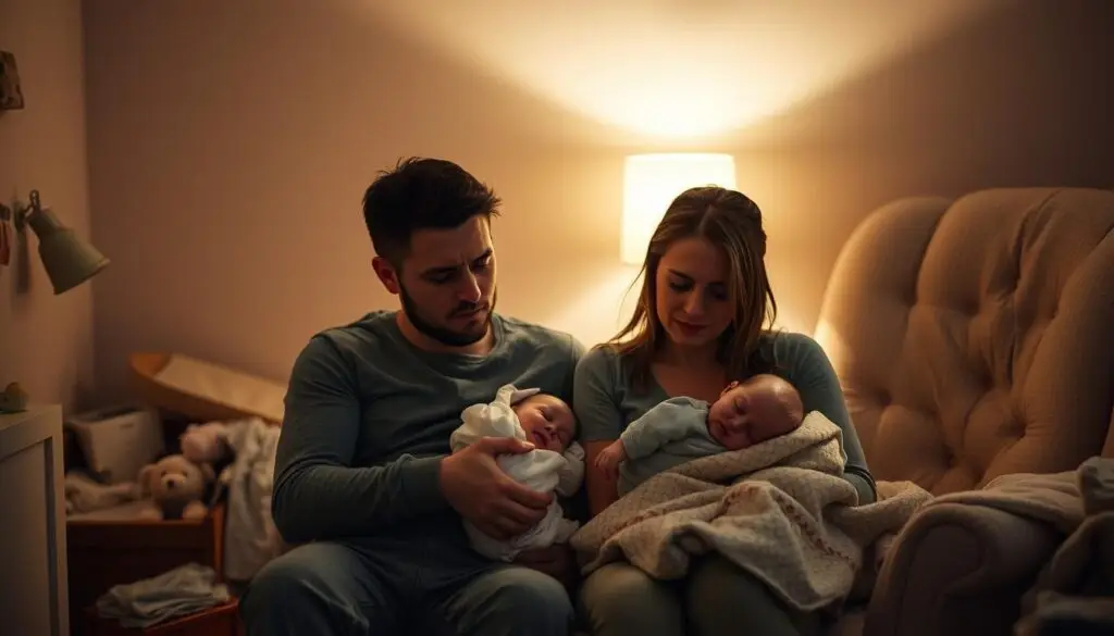 A cozy, dimly lit nursery scene captures the weary yet resilient expressions of two parents as they struggle to soothe their fussy infant. Soft, warm lighting from a bedside lamp casts a gentle glow, highlighting the parents' tired yet determined faces as they rock the baby, trying various techniques to lull the child to sleep. In the background, a plush rocking chair and a well-worn baby blanket suggest the many long nights spent in this room, while the subtle clutter of baby items conveys the challenges of new parenthood. The overall atmosphere is one of empathy and understanding, inviting the viewer to connect with the universal experience of parents navigating the trials and tribulations of infant sleep issues.