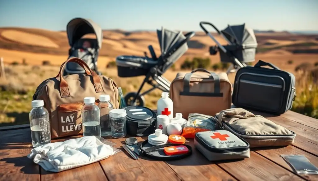 A cozy family getaway scene with practical parent essentials laid out on a rustic wooden table. In the foreground, a stylish diaper bag, reusable water bottles, a feeding set, and portable first-aid kit. In the middle ground, a comfortable baby carrier, foldable stroller, and insulated lunch bag. In the background, a warm-toned countryside landscape with rolling hills and a clear blue sky, conveying a sense of tranquility and leisure. The lighting is soft and natural, with gentle shadows adding depth. The overall mood is one of organized preparedness and relaxed adventure. A cozy family getaway scene with practical parent essentials laid out on a rustic wooden table. In the foreground, a stylish diaper bag, reusable water bottles, a feeding set, and portable first-aid kit. In the middle ground, a comfortable baby carrier, foldable stroller, and insulated lunch bag. In the background, a warm-toned countryside landscape with rolling hills and a clear blue sky, conveying a sense of tranquility and leisure. The lighting is soft and natural, with gentle shadows adding depth. The overall mood is one of organized preparedness and relaxed adventure.