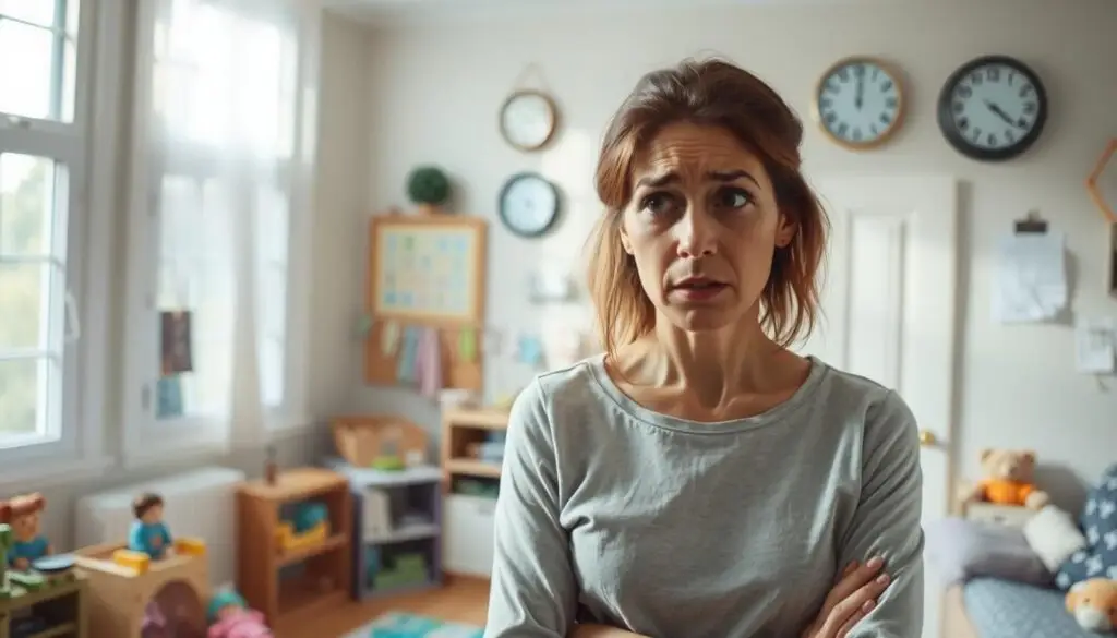 A cozy home interior, with a concerned parent standing in the foreground, contemplating the decision to leave their young child alone. Soft, diffused natural lighting filters through the windows, creating a pensive atmosphere. The middle ground features a child's toys and books, subtly hinting at the child's presence. In the background, a calendar, clock, and other everyday objects suggest the passing of time and the weight of the decision. The parent's expression conveys a mixture of worry and uncertainty, reflecting the complex factors involved in determining when a child can be left unsupervised. The overall scene aims to capture the nuanced emotions and practical considerations that influence this important parental choice.
