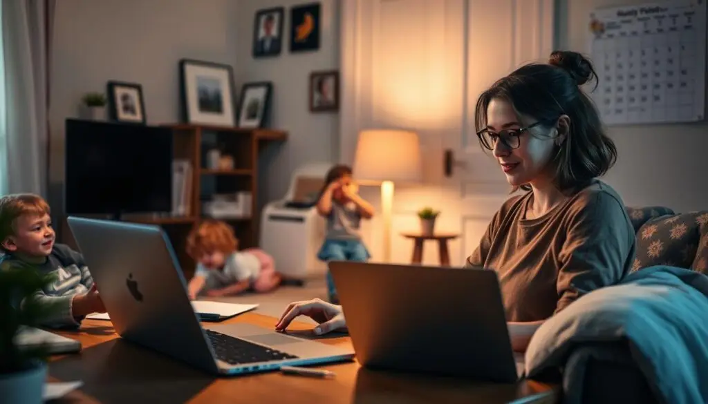 A cozy home office with soft lighting, showcasing the key remote work skills for parents of young children. In the foreground, a parent confidently navigates a laptop, demonstrating time management and multitasking abilities. In the middle ground, a child plays nearby, highlighting the need for adaptability and focus. The background features family photos and a calendar, conveying organization and work-life balance. The scene exudes a sense of calm productivity, reflecting the parent's ability to seamlessly blend professional and personal responsibilities. A cozy home office with soft lighting, showcasing the key remote work skills for parents of young children. In the foreground, a parent confidently navigates a laptop, demonstrating time management and multitasking abilities. In the middle ground, a child plays nearby, highlighting the need for adaptability and focus. The background features family photos and a calendar, conveying organization and work-life balance. The scene exudes a sense of calm productivity, reflecting the parent's ability to seamlessly blend professional and personal responsibilities.