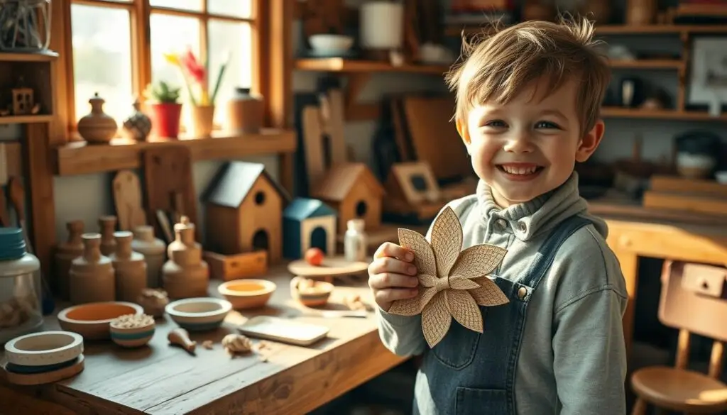 A cozy home workshop, sunlight streaming through the windows, a workbench cluttered with child-made Father's Day gifts. Handcrafted trinkets and treasures - a clay ashtray, a wooden birdhouse, a painted picture frame. Tiny hands have carefully assembled these heartfelt creations, infusing each with love and pride. In the foreground, a young child presents their latest DIY masterpiece, beaming with excitement to give it to their beloved dad. The scene captures the joy of homemade gifts, the bond between parent and child, and the simple pleasures of a hands-on, homespun holiday celebration.