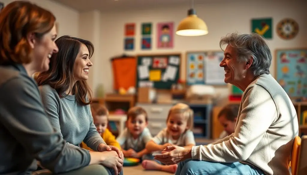 A cozy, well-lit classroom with warm, soft lighting. In the foreground, a teacher and a parent are engaged in a friendly discussion, their body language conveying collaboration and understanding. In the middle ground, a group of young children are playing and learning together, their faces filled with joy and curiosity. The background features educational materials, such as colorful posters and learning aids, creating a welcoming and nurturing environment. The overall atmosphere is one of support, trust, and mutual cooperation between the school and the family, with the focus on providing the best possible experience for the child. A cozy, well-lit classroom with warm, soft lighting. In the foreground, a teacher and a parent are engaged in a friendly discussion, their body language conveying collaboration and understanding. In the middle ground, a group of young children are playing and learning together, their faces filled with joy and curiosity. The background features educational materials, such as colorful posters and learning aids, creating a welcoming and nurturing environment. The overall atmosphere is one of support, trust, and mutual cooperation between the school and the family, with the focus on providing the best possible experience for the child.