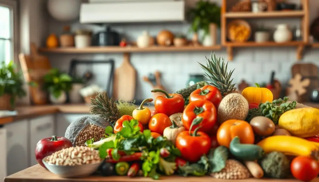 A cozy, well-lit kitchen with a vibrant, seasonal produce display in the foreground. Featuring a variety of fresh fruits and vegetables, whole grains, and lean protein sources typical of a healthy, balanced diet for a pregnant woman in her 12th week. The background softly blurs, allowing the nutritious meal ingredients to take center stage, conveying the importance of a nourishing diet during this stage of pregnancy. Warm, earthy tones complement the natural, wholesome scene, creating a serene, comforting atmosphere.