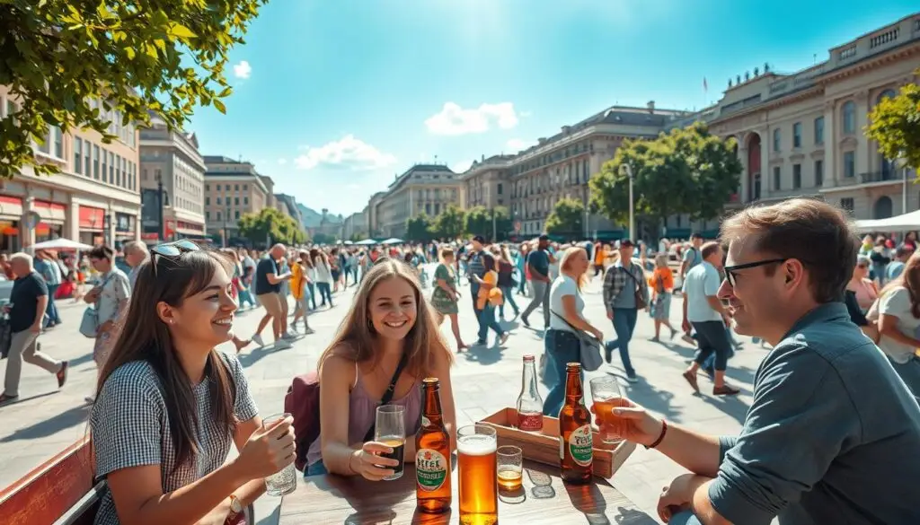 A crowded public plaza on a sunny afternoon, with people strolling, relaxing on benches, and enjoying the outdoors. In the foreground, a group of young adults sitting at a table, each holding a bottle of non-alcoholic beer, engaged in friendly conversation. The scene is captured with a wide-angle lens, creating a sense of depth and emphasizing the open, welcoming atmosphere of the public space. Soft, natural lighting from the overhead sun casts warm, inviting shadows, and the background is filled with the details of the urban environment - buildings, trees, and the occasional passing vehicle or pedestrian. The overall mood is one of casual relaxation and social interaction, conveying the idea that non-alcoholic beer can be enjoyed in a public setting. A crowded public plaza on a sunny afternoon, with people strolling, relaxing on benches, and enjoying the outdoors. In the foreground, a group of young adults sitting at a table, each holding a bottle of non-alcoholic beer, engaged in friendly conversation. The scene is captured with a wide-angle lens, creating a sense of depth and emphasizing the open, welcoming atmosphere of the public space. Soft, natural lighting from the overhead sun casts warm, inviting shadows, and the background is filled with the details of the urban environment - buildings, trees, and the occasional passing vehicle or pedestrian. The overall mood is one of casual relaxation and social interaction, conveying the idea that non-alcoholic beer can be enjoyed in a public setting.