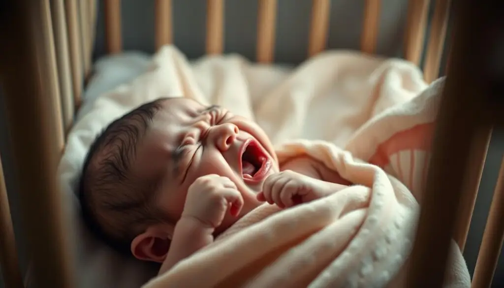 A crying newborn baby lying in a cozy crib, swaddled in a soft blanket. Soft, diffused lighting illuminates the scene, casting a warm, soothing glow. The infant's face is scrunched up, eyes tightly shut, as they let out a heartbreaking wail. The background is blurred, allowing the viewer to focus solely on the emotional distress of the child. Subtle details, such as the baby's tiny fists clenched and the slight trembling of their body, convey the intensity of their discomfort. The overall atmosphere is one of empathy and understanding, capturing the universal experience of a child struggling to find peace in their sleep.