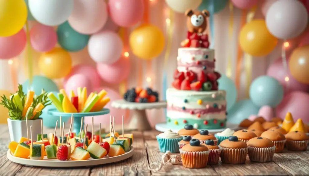 A delightful scene of a children's birthday party with a vibrant, colorful spread of healthy and whimsical snacks. In the foreground, an array of bite-sized veggie skewers, fruit kabobs, and savory mini muffins adorn a rustic wooden table. The middle ground features a towering tiered cake adorned with fresh berries and a playful animal-shaped topper. In the background, a backdrop of cheerful pastel balloons and streamers creates a festive, imaginative atmosphere. Soft, warm lighting casts a cozy glow over the whole scene, evoking a sense of joy and celebration perfect for a preschool birthday party. A delightful scene of a children's birthday party with a vibrant, colorful spread of healthy and whimsical snacks. In the foreground, an array of bite-sized veggie skewers, fruit kabobs, and savory mini muffins adorn a rustic wooden table. The middle ground features a towering tiered cake adorned with fresh berries and a playful animal-shaped topper. In the background, a backdrop of cheerful pastel balloons and streamers creates a festive, imaginative atmosphere. Soft, warm lighting casts a cozy glow over the whole scene, evoking a sense of joy and celebration perfect for a preschool birthday party.