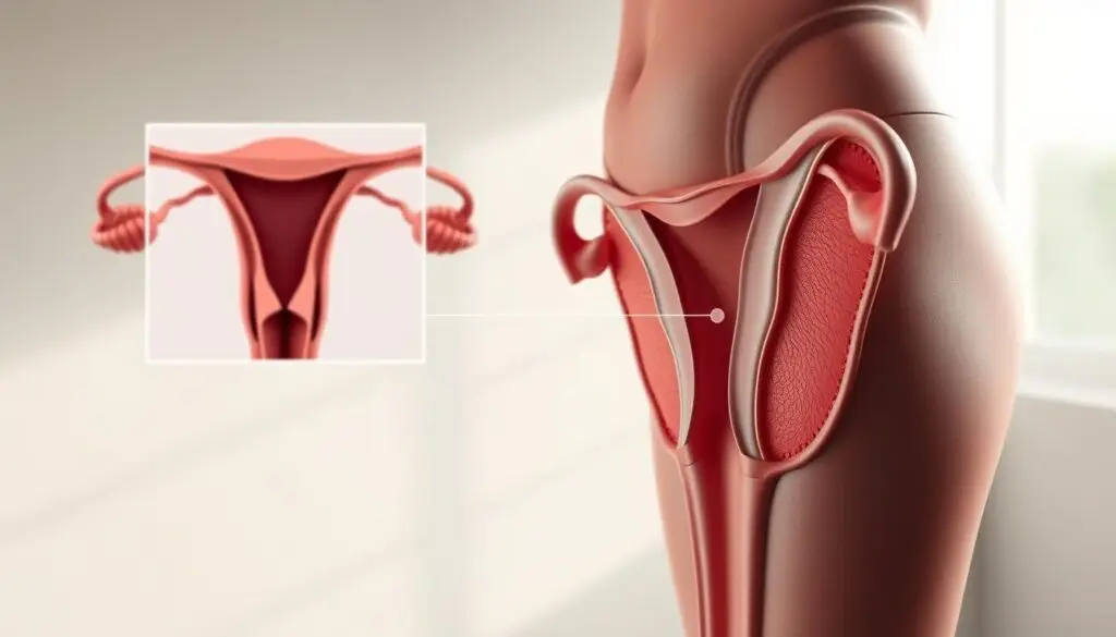 A detailed 3D anatomical illustration depicting the effects of a shortened cervix. In the foreground, a meticulously rendered cross-section of the female reproductive system, showcasing the cervix in a state of progressive shortening. The middle ground features an enlarged view of the cervix, with clear visual indicators highlighting the gradually diminishing length. The background presents a softly lit, serene environment, allowing the anatomical details to take center stage. The lighting is subtle and natural, creating depth and dimensionality, while the color palette is muted and harmonious, conveying a sense of medical precision. The overall composition is balanced and informative, designed to educate and enlighten the viewer about the consequences of a shortening cervix. A detailed 3D anatomical illustration depicting the effects of a shortened cervix. In the foreground, a meticulously rendered cross-section of the female reproductive system, showcasing the cervix in a state of progressive shortening. The middle ground features an enlarged view of the cervix, with clear visual indicators highlighting the gradually diminishing length. The background presents a softly lit, serene environment, allowing the anatomical details to take center stage. The lighting is subtle and natural, creating depth and dimensionality, while the color palette is muted and harmonious, conveying a sense of medical precision. The overall composition is balanced and informative, designed to educate and enlighten the viewer about the consequences of a shortening cervix.