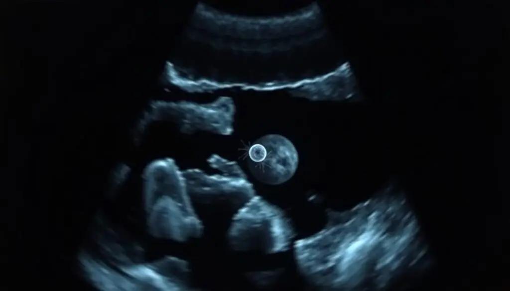 A detailed ultrasound image showing the early stages of fetal development. The frame is centered on a developing embryo, visible as a small, pulsing dot within the uterus. The image is captured with a high-resolution medical-grade ultrasound machine, providing clear, crisp detail. The lighting is soft and evenly diffused, creating a serene, clinical atmosphere. The perspective is angled slightly from above, giving a sense of scale and depth. The background is muted, with just enough context to situate the embryo within the uterine environment. The overall mood is one of wonder and scientific curiosity, inviting the viewer to contemplate the early miracle of new life.
