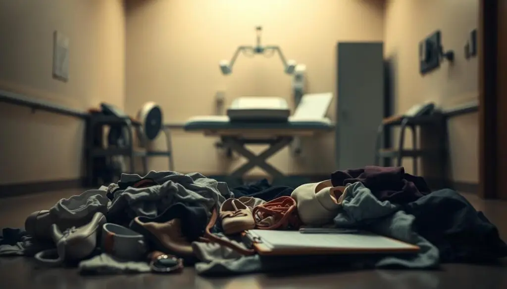 A dimly lit examination room, with a medical examination table in the center. In the foreground, a pile of discarded clothing and personal items, symbolizing the common mistakes people make before visiting a gynecologist. The middle ground features a medical chart and a clipboard, hinting at the importance of preparation and information-gathering. The background is blurred, creating a sense of focus on the main elements. The lighting is soft and warm, creating a slightly somber mood, reflecting the seriousness of the topic. The overall composition conveys the importance of being organized and informed before a gynecological appointment. A dimly lit examination room, with a medical examination table in the center. In the foreground, a pile of discarded clothing and personal items, symbolizing the common mistakes people make before visiting a gynecologist. The middle ground features a medical chart and a clipboard, hinting at the importance of preparation and information-gathering. The background is blurred, creating a sense of focus on the main elements. The lighting is soft and warm, creating a slightly somber mood, reflecting the seriousness of the topic. The overall composition conveys the importance of being organized and informed before a gynecological appointment.