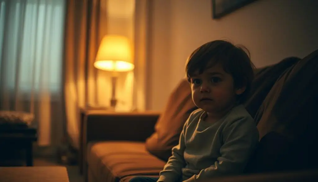 A dimly lit living room with a young child sitting alone on a couch, looking pensive. The room is filled with a soft, golden glow from a nearby lamp, casting shadows across the walls. The child's expression conveys a sense of loneliness and uncertainty, as if they are wondering when their parent or guardian will return. The background is slightly blurred, emphasizing the focus on the child. The scene reflects the legal guidelines and considerations around leaving children unattended, with a sense of empathy and understanding for the child's experience.