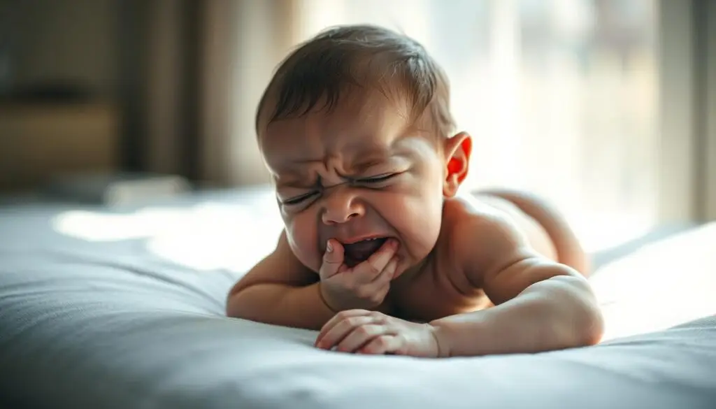 A distressed newborn infant lying on a soft surface, their face contorted with discomfort as they struggle to urinate. The scene is illuminated by soft, natural lighting from an unseen window, casting gentle shadows and highlighting the baby's delicate features. The background is blurred, drawing the viewer's focus to the infant's pained expression and tense posture. The image conveys a sense of concern and the need for attentive care, reflecting the challenges of collecting a urine sample from a struggling newborn.