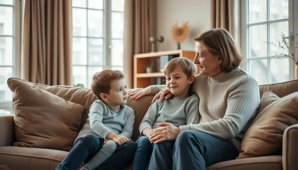 A gentle, empathetic family gathering in a cozy living room. A parent sits on a sofa, comforting a young child as they have an open, compassionate discussion about the changes in their family dynamic due to divorce. Soft natural lighting filters through large windows, creating a soothing, intimate atmosphere. The child's expression is one of thoughtfulness and trust, while the parent's posture conveys care and understanding. Muted earth-tone furnishings and décor create a sense of comfort and safety, reflecting the importance of communication and emotional support during this transitional period for the patchwork family. A gentle, empathetic family gathering in a cozy living room. A parent sits on a sofa, comforting a young child as they have an open, compassionate discussion about the changes in their family dynamic due to divorce. Soft natural lighting filters through large windows, creating a soothing, intimate atmosphere. The child's expression is one of thoughtfulness and trust, while the parent's posture conveys care and understanding. Muted earth-tone furnishings and décor create a sense of comfort and safety, reflecting the importance of communication and emotional support during this transitional period for the patchwork family.