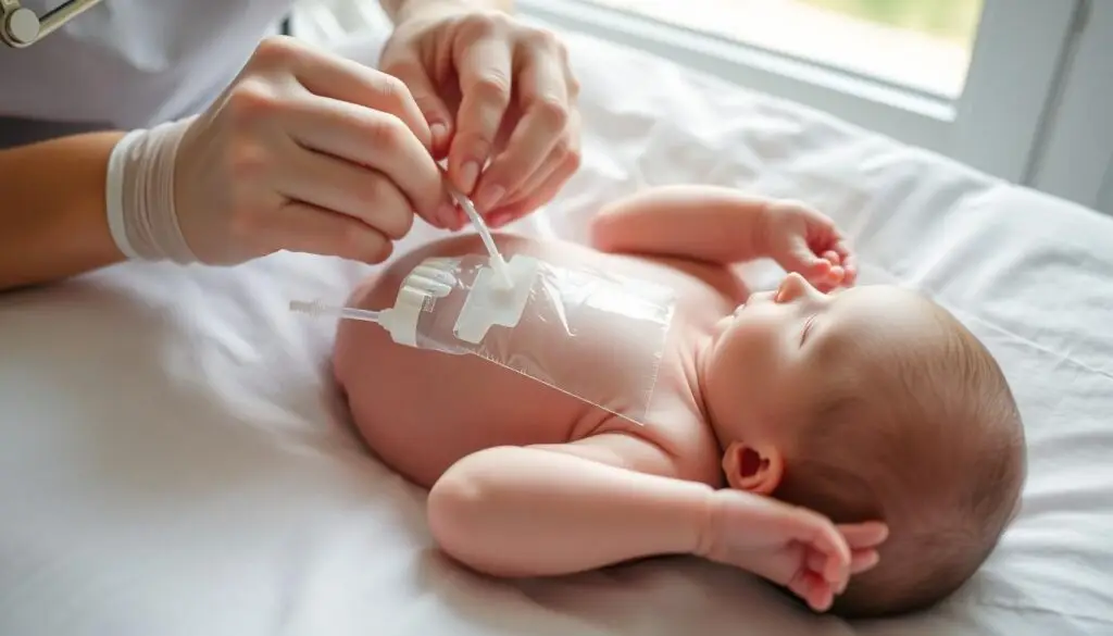 A newborn baby girl lying on a soft, white blanket. Her delicate skin and features are gently illuminated by natural light streaming in from a window. Nearby, a nurse's hands are carefully applying a urine collection bag, ensuring a snug, secure fit around the infant's sensitive skin. The scene conveys a sense of tenderness and medical expertise, with a focus on the proper application technique to provide comfortable, effective urine collection for the baby girl.