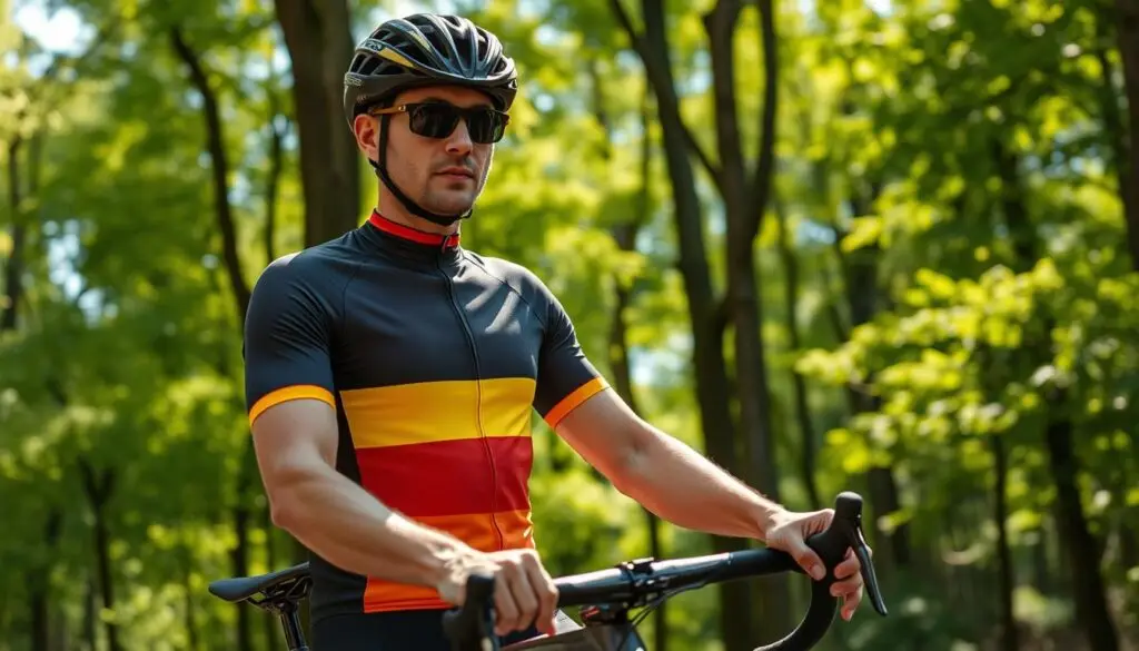 A passionate cyclist, Michał Kempa, stands proudly against the backdrop of a sun-dappled forest, his vibrant cycling jersey contrasting with the lush greenery. His gaze is focused, and his muscles tense, as he grips the handlebars of his sleek, high-performance road bike. The scene is captured through a wide-angle lens, highlighting the dynamic interplay between Michał and his natural surroundings, conveying a sense of adventure, determination, and the pursuit of personal passions.
