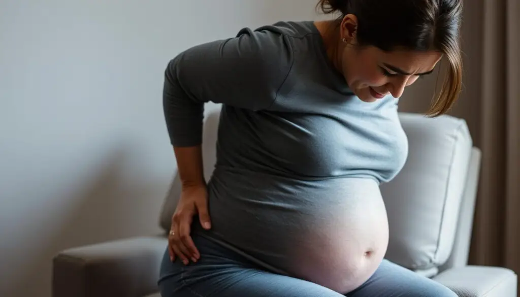 A pregnant woman in her third trimester sitting on a chair, experiencing back pain. The scene depicts her leaning forward, her face expressing discomfort, as she gently massages her lower back. The lighting is soft and diffused, creating a warm, comforting atmosphere. The background is blurred, with muted colors, allowing the viewer to focus on the woman's posture and expression. The composition emphasizes the physicality of the pregnant form, conveying the specific challenges and discomforts that can arise during this stage of pregnancy.