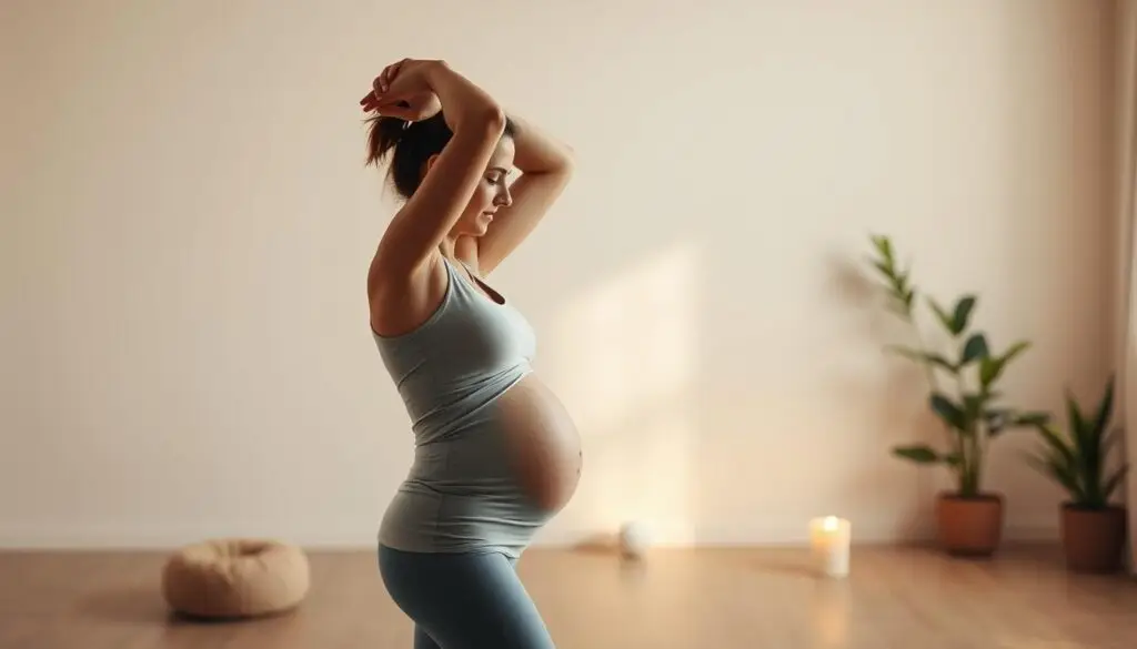 A pregnant woman performing gentle stretching exercises in a serene, softly lit studio setting. In the foreground, she gracefully extends her arms overhead, her figure silhouetted against a muted, pastel-toned background. The middle ground features a tranquil, uncluttered space with minimal props, allowing the focus to remain on the figure's fluid movements. Warm, diffused lighting casts a comforting glow, creating a sense of peace and relaxation. The camera angle is slightly elevated, providing a calming, bird's-eye perspective on the scene. The overall mood evokes a soothing, therapeutic atmosphere suitable for alleviating back pain and discomfort during pregnancy.