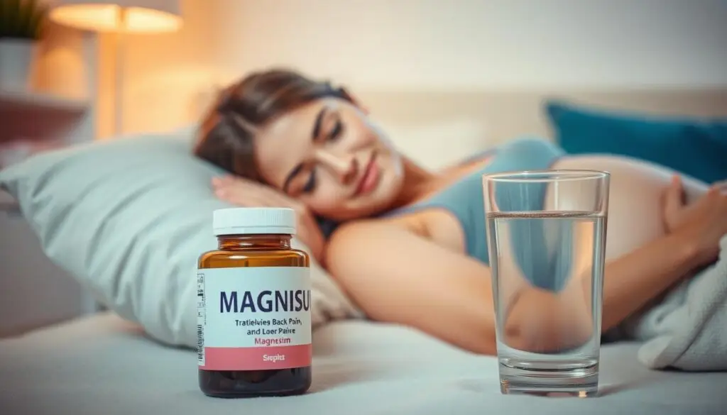 A pregnant woman resting peacefully, her back supported by a pillow. Warm, diffused lighting illuminates her face, highlighting her serene expression. In the foreground, a bottle of magnesium supplement and a glass of water, symbolizing the role of magnesium in relieving back pain and discomfort during pregnancy. The background features a soothing, pastel-colored room, conveying a sense of calm and relaxation. The composition emphasizes the importance of self-care and the natural remedies that can help alleviate the physical challenges of pregnancy.