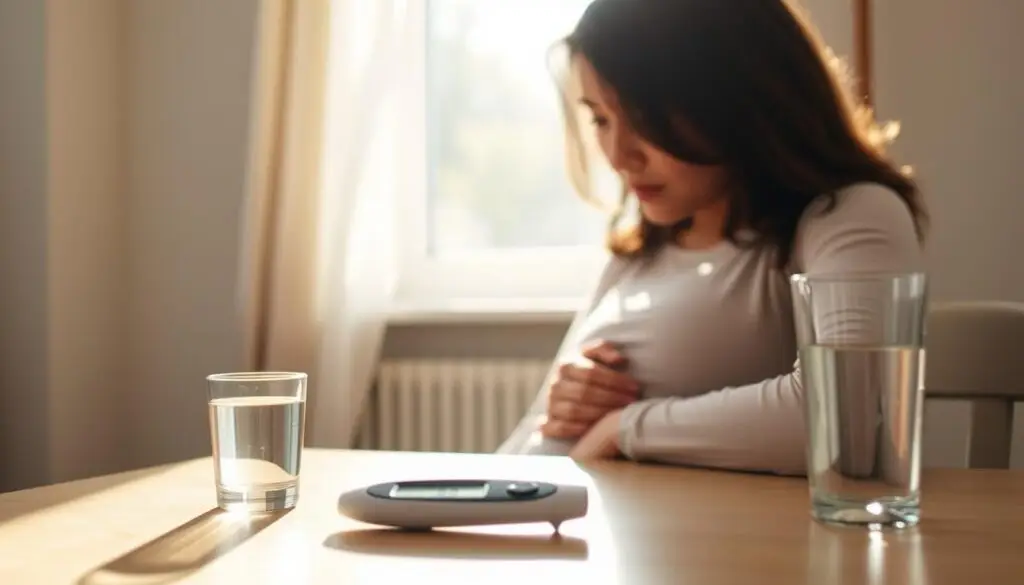 A pregnant woman sitting at a table, facing a glucometer and a glass of water. The scene is bathed in soft, natural morning light streaming through a window. The woman's expression is focused, as she prepares to take her fasting blood sugar measurement. The background is blurred, emphasizing the importance of this routine health check. The image conveys the seriousness and care involved in managing gestational diabetes, while maintaining a sense of tranquility and control. A pregnant woman sitting at a table, facing a glucometer and a glass of water. The scene is bathed in soft, natural morning light streaming through a window. The woman's expression is focused, as she prepares to take her fasting blood sugar measurement. The background is blurred, emphasizing the importance of this routine health check. The image conveys the seriousness and care involved in managing gestational diabetes, while maintaining a sense of tranquility and control.