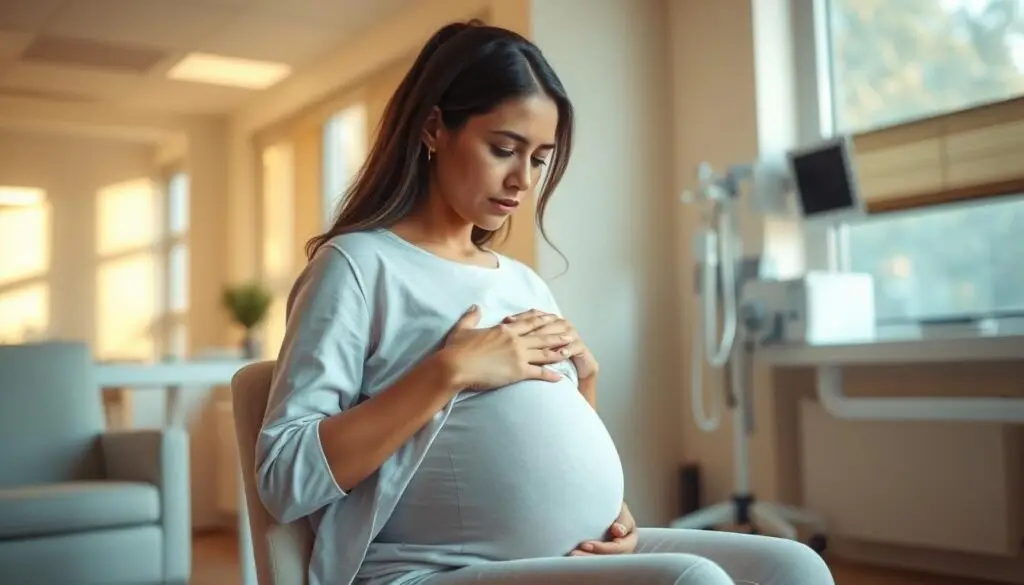 A pregnant woman sitting in a cozy doctor's office, gently cradling her belly. The room is bathed in warm, natural lighting that filters through large windows, creating a serene and calming atmosphere. The woman's expression is one of contemplation, as she carefully considers the best time to schedule her first gynecological appointment. Soft, pastel-colored furnishings and medical equipment in the background suggest a welcoming, professional environment. The overall scene conveys a sense of anticipation and care, reflecting the importance of this milestone in the woman's pregnancy journey. A pregnant woman sitting in a cozy doctor's office, gently cradling her belly. The room is bathed in warm, natural lighting that filters through large windows, creating a serene and calming atmosphere. The woman's expression is one of contemplation, as she carefully considers the best time to schedule her first gynecological appointment. Soft, pastel-colored furnishings and medical equipment in the background suggest a welcoming, professional environment. The overall scene conveys a sense of anticipation and care, reflecting the importance of this milestone in the woman's pregnancy journey.