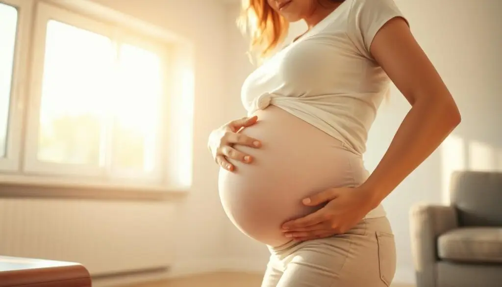 A pregnant woman standing in a sunlit room, her hand gently resting on her belly as she experiences a normal, mild abdominal discomfort. The scene is warm and comforting, with soft natural lighting filtering through large windows, casting a golden glow on her serene expression. The room is sparsely furnished, with clean, minimal lines and muted colors, allowing the focus to remain on the woman's intuitive connection to her changing body. The overall mood is one of reassurance and the natural progression of a healthy pregnancy.