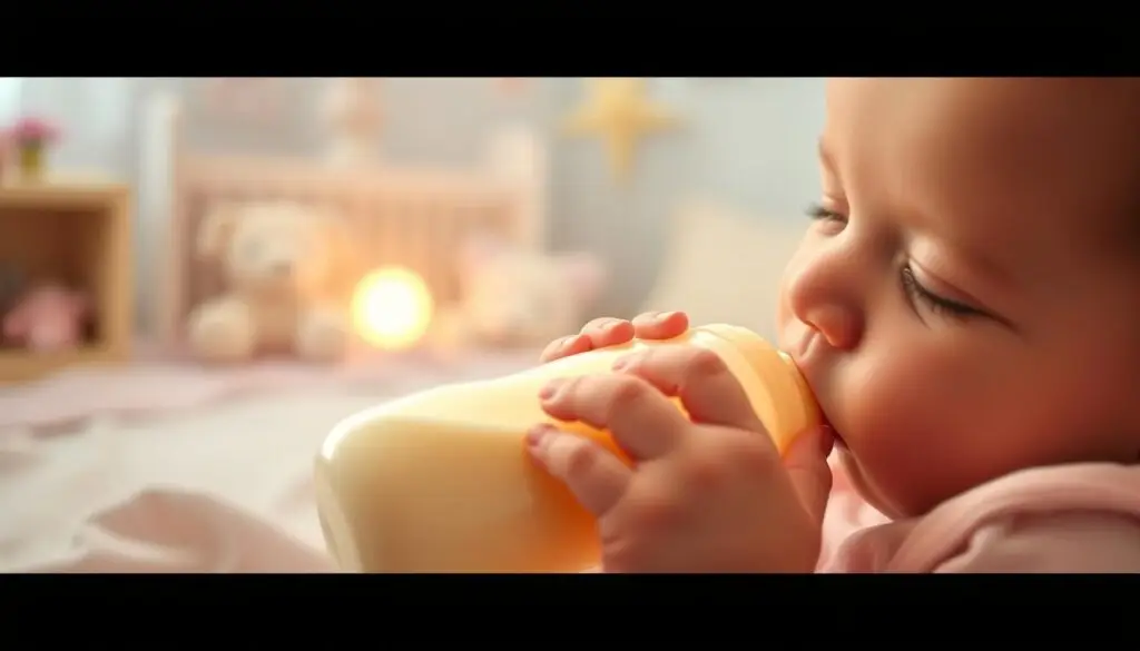 A serene and cozy scene depicting the nutritional development of a newborn baby. In the foreground, a softly lit close-up of an infant's face, eyes gently closed, lips pursed in a peaceful expression as they drink from a bottle of warm, nourishing milk. The middle ground shows the baby's small hands clasped around the bottle, capturing the nurturing bond between parent and child. In the background, a soothing, pastel-hued nursery setting with soft textiles, plush toys, and a gentle glow from a lamp or window, creating a tranquil, comforting atmosphere. The image conveys the stages of a baby's feeding and growth, the intimacy of mealtime, and the serene, tender moments of a child's early development.