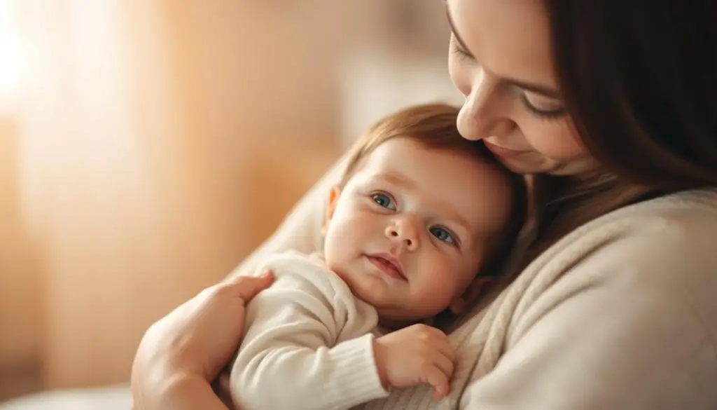A serene, intimate scene of a mother and child, with the child gently nestled in the mother's arms, gazing up at her with trust and contentment. The mother's expression is one of gentle affection, as she tenderly considers the right time to begin the transition from breastfeeding. Soft, warm lighting bathes the pair, creating a cozy, nurturing atmosphere. The background is blurred, allowing the viewer to focus on the connection between mother and child. The overall mood is one of tranquility and the natural rhythm of a child's development. A serene, intimate scene of a mother and child, with the child gently nestled in the mother's arms, gazing up at her with trust and contentment. The mother's expression is one of gentle affection, as she tenderly considers the right time to begin the transition from breastfeeding. Soft, warm lighting bathes the pair, creating a cozy, nurturing atmosphere. The background is blurred, allowing the viewer to focus on the connection between mother and child. The overall mood is one of tranquility and the natural rhythm of a child's development.
