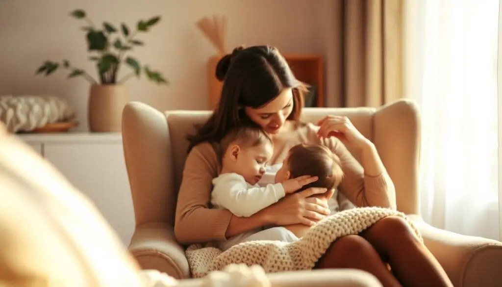 A serene, softly lit scene showcasing the gentle process of weaning a child from breastfeeding. In the foreground, a mother and child sit comfortably on a plush armchair, the child's head nuzzled against the mother's chest as she gently strokes their hair. The middle ground features soothing, natural elements like a potted plant and a cozy knitted blanket, creating a warm, nurturing atmosphere. The background is hazy and out of focus, suggesting a tranquil, private moment. The lighting is warm and diffused, casting a calming glow over the scene. The overall mood is one of tenderness, comfort, and the natural transition from breastfeeding to other forms of nourishment. A serene, softly lit scene showcasing the gentle process of weaning a child from breastfeeding. In the foreground, a mother and child sit comfortably on a plush armchair, the child's head nuzzled against the mother's chest as she gently strokes their hair. The middle ground features soothing, natural elements like a potted plant and a cozy knitted blanket, creating a warm, nurturing atmosphere. The background is hazy and out of focus, suggesting a tranquil, private moment. The lighting is warm and diffused, casting a calming glow over the scene. The overall mood is one of tenderness, comfort, and the natural transition from breastfeeding to other forms of nourishment.