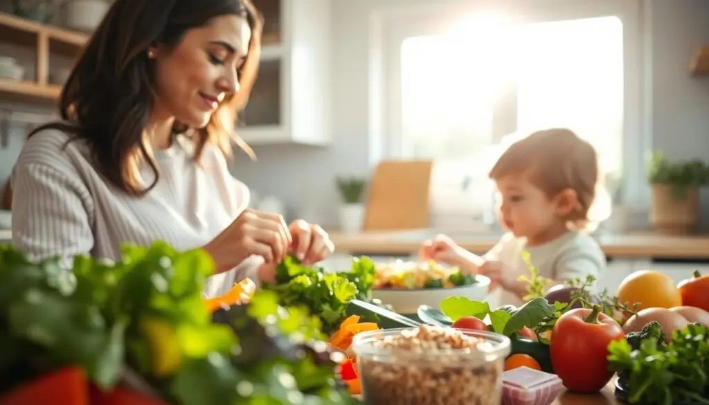 A serene, well-lit kitchen scene featuring a mother carefully preparing a nutritious meal for her young child. The foreground showcases a variety of fresh, vibrant ingredients - leafy greens, colorful vegetables, and whole grains. The middle ground shows the mother's hands meticulously assembling the dish, her expression one of focused care. In the background, sunlight streams through a large window, casting a warm, natural glow across the scene. The overall atmosphere is one of health, wellness, and the nurturing bond between parent and child.