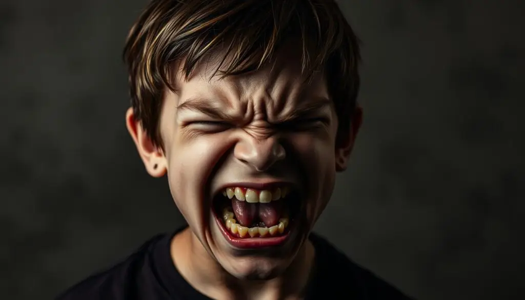 A snarling, irritated face with bared teeth grinding together in an intense expression of frustration and anger. The figure is set against a muted, moody background with a hazy, ethereal quality, evoking a sense of psychological tension and inner turmoil. Dramatic, high-contrast lighting casts deep shadows, emphasizing the subject's tense, clenched features. The composition is tightly framed, drawing the viewer's focus directly to the visceral, emotive display of emotion. An evocative, unsettling scene that captures the essence of the "Podsumowanie najważniejszych informacji" section on childhood aggression and teeth grinding.