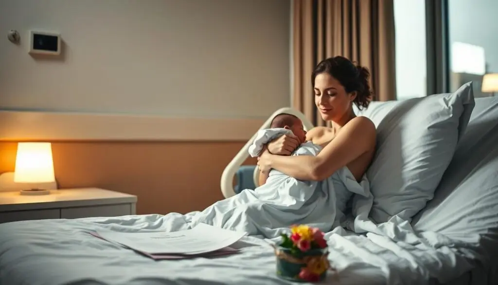 A sterile hospital room, bathed in soft, warm lighting that casts a serene glow. In the foreground, a new mother sits upright in bed, holding her newborn child tenderly, a mix of exhaustion and joy etched on her face. The middle ground reveals a neatly folded hospital gown, discharge papers, and a parting gift of flowers, symbolizing the end of a significant chapter. In the background, a window offers a glimpse of the outside world, hinting at the transition from the protective confines of the hospital to the next phase of the journey. The overall scene conveys a sense of quiet contemplation, a bittersweet moment of closure before embarking on the new adventure of parenthood.
