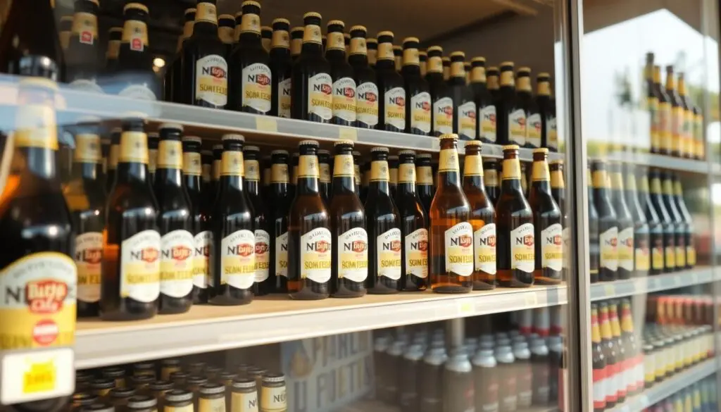 A sunlit storefront displaying shelves of neatly arranged non-alcoholic beer bottles. The bottles are labeled with clear, legible text detailing their alcohol content. The shelves are organized and well-stocked, conveying a sense of professionalism and attention to detail. The scene is captured through a wide-angle lens, allowing the viewer to take in the entire display. The lighting is soft and even, creating a warm, inviting atmosphere. The background is slightly blurred, gently focusing the viewer's attention on the carefully curated selection of non-alcoholic beer. The overall impression is one of a responsible, well-regulated market for this category of beverages. A sunlit storefront displaying shelves of neatly arranged non-alcoholic beer bottles. The bottles are labeled with clear, legible text detailing their alcohol content. The shelves are organized and well-stocked, conveying a sense of professionalism and attention to detail. The scene is captured through a wide-angle lens, allowing the viewer to take in the entire display. The lighting is soft and even, creating a warm, inviting atmosphere. The background is slightly blurred, gently focusing the viewer's attention on the carefully curated selection of non-alcoholic beer. The overall impression is one of a responsible, well-regulated market for this category of beverages.