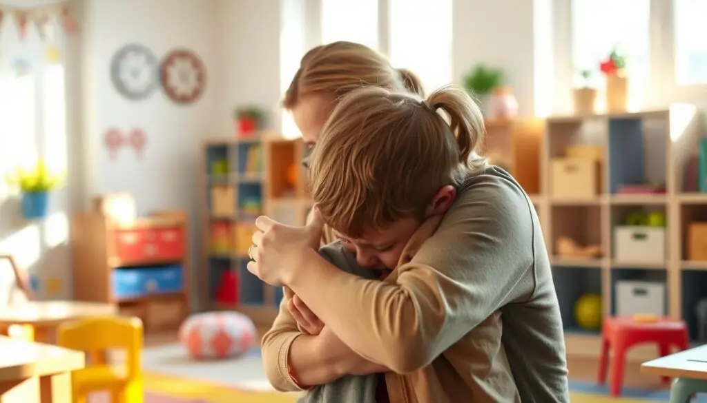 A tender moment in a preschool classroom, a teacher gently comforting a distressed child. Soft natural light streams through the windows, casting a warm glow on the scene. The teacher's arms are wrapped around the child, providing a sense of safety and reassurance. The child's face is buried in the teacher's shoulder, their body language conveying a need for emotional support. The classroom's cozy furnishings and vibrant colors create a welcoming atmosphere, fostering a nurturing environment for the child's emotional development. A tender moment in a preschool classroom, a teacher gently comforting a distressed child. Soft natural light streams through the windows, casting a warm glow on the scene. The teacher's arms are wrapped around the child, providing a sense of safety and reassurance. The child's face is buried in the teacher's shoulder, their body language conveying a need for emotional support. The classroom's cozy furnishings and vibrant colors create a welcoming atmosphere, fostering a nurturing environment for the child's emotional development.