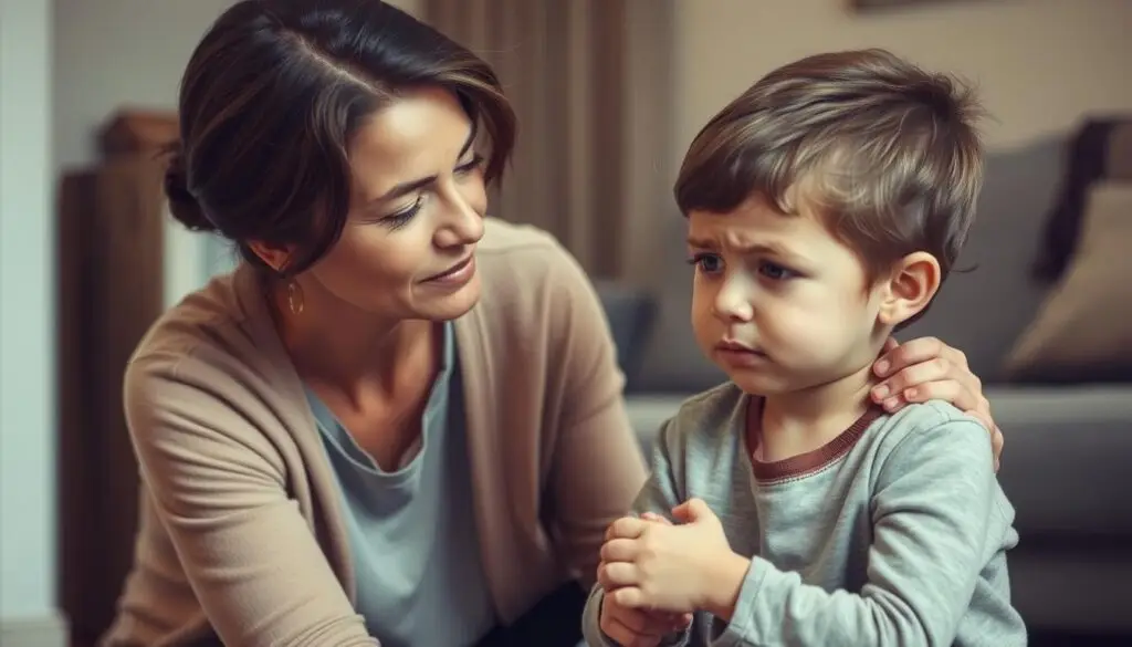 A thoughtful, compassionate woman kneeling down to gently explain divorce to a confused, saddened young child. The woman's expression is one of empathy and care, as she patiently helps the child understand this difficult life transition. The child's face is filled with a mix of emotions - sadness, uncertainty, and a glimmer of understanding. The scene is set in a cozy, warm-toned living room, with soft lighting and muted colors creating an atmosphere of comfort and trust. The background is slightly blurred, allowing the viewer to focus on the intimate, delicate interaction between the two figures. A thoughtful, compassionate woman kneeling down to gently explain divorce to a confused, saddened young child. The woman's expression is one of empathy and care, as she patiently helps the child understand this difficult life transition. The child's face is filled with a mix of emotions - sadness, uncertainty, and a glimmer of understanding. The scene is set in a cozy, warm-toned living room, with soft lighting and muted colors creating an atmosphere of comfort and trust. The background is slightly blurred, allowing the viewer to focus on the intimate, delicate interaction between the two figures.