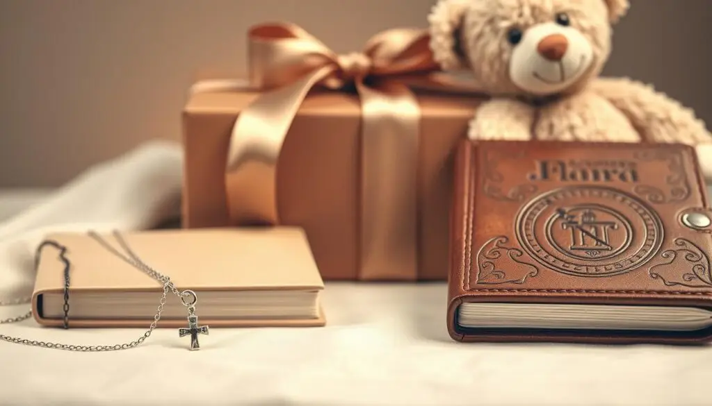 A thoughtfully curated christening gift for a young boy, captured in a softly lit, warm-toned studio setting. In the foreground, an array of carefully selected items - a delicate silver cross pendant on a fine chain, a leather-bound journal with intricate embossed detailing, and a plush, stuffed animal in a classic design. The middle ground showcases a beautifully wrapped gift box, its satin ribbon and elegant wrapping paper hinting at the treasure within. The background features a subtle, blurred backdrop, allowing the gifts to take center stage and convey a sense of reverence and significance befitting the occasion. A thoughtfully curated christening gift for a young boy, captured in a softly lit, warm-toned studio setting. In the foreground, an array of carefully selected items - a delicate silver cross pendant on a fine chain, a leather-bound journal with intricate embossed detailing, and a plush, stuffed animal in a classic design. The middle ground showcases a beautifully wrapped gift box, its satin ribbon and elegant wrapping paper hinting at the treasure within. The background features a subtle, blurred backdrop, allowing the gifts to take center stage and convey a sense of reverence and significance befitting the occasion.