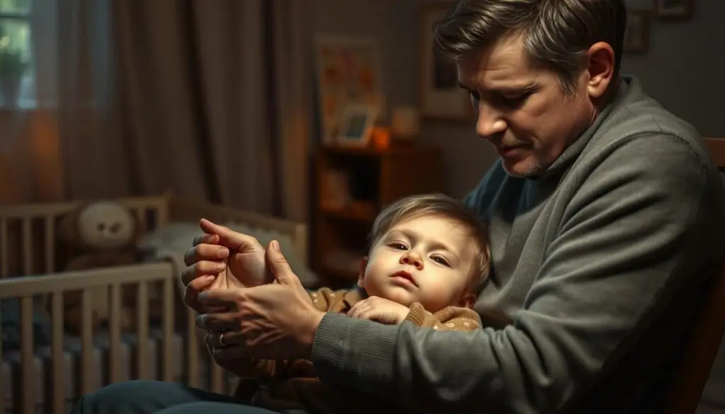 A tired parent gently rocking a fussy, restless toddler in a dimly lit nursery, soft lullaby music playing in the background. The child's eyes struggle to stay open as the parent patiently soothes them, hoping for a peaceful daytime nap. Warm, muted lighting casts a calming glow, while textured fabrics and natural elements in the room create a cozy, comforting atmosphere. The parent's expression conveys a mix of love, patience, and the challenges of helping a child overcome daytime sleep struggles. A tired parent gently rocking a fussy, restless toddler in a dimly lit nursery, soft lullaby music playing in the background. The child's eyes struggle to stay open as the parent patiently soothes them, hoping for a peaceful daytime nap. Warm, muted lighting casts a calming glow, while textured fabrics and natural elements in the room create a cozy, comforting atmosphere. The parent's expression conveys a mix of love, patience, and the challenges of helping a child overcome daytime sleep struggles.