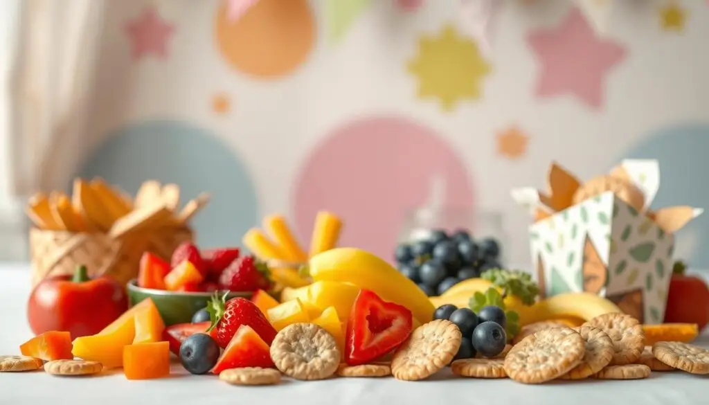 A vibrant, child-friendly scene depicting a variety of healthy and engaging snacks for a preschool birthday party. Colorful, bite-sized fruits, vegetables, and whole grain crackers are arranged artfully on a low table, with a playful, soft-focus background of pastel-colored shapes and patterns. Warm, diffused lighting casts a gentle glow, creating a warm, inviting atmosphere. The composition is balanced and visually appealing, with the snacks taking center stage and the surroundings providing a whimsical, age-appropriate backdrop. The overall impression is one of nourishment, creativity, and a celebration of childhood. A vibrant, child-friendly scene depicting a variety of healthy and engaging snacks for a preschool birthday party. Colorful, bite-sized fruits, vegetables, and whole grain crackers are arranged artfully on a low table, with a playful, soft-focus background of pastel-colored shapes and patterns. Warm, diffused lighting casts a gentle glow, creating a warm, inviting atmosphere. The composition is balanced and visually appealing, with the snacks taking center stage and the surroundings providing a whimsical, age-appropriate backdrop. The overall impression is one of nourishment, creativity, and a celebration of childhood.