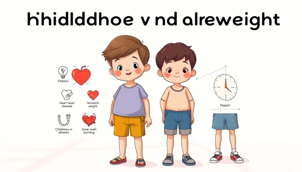 A vibrant illustration depicting the health issues associated with childhood obesity and underweight. In the foreground, an overweight child and an underweight child stand side-by-side, their expressions conveying the challenges they face. The middle ground features medical icons and infographic elements highlighting the potential consequences, such as heart disease, diabetes, and growth stunting. The background is a clean, minimalist setting, allowing the central figures and informative details to take center stage. The lighting is soft and natural, creating a sense of approachability and understanding. The overall composition is balanced and visually engaging, designed to educate and inform the viewer about the health implications of both extremes in a child's weight. A vibrant illustration depicting the health issues associated with childhood obesity and underweight. In the foreground, an overweight child and an underweight child stand side-by-side, their expressions conveying the challenges they face. The middle ground features medical icons and infographic elements highlighting the potential consequences, such as heart disease, diabetes, and growth stunting. The background is a clean, minimalist setting, allowing the central figures and informative details to take center stage. The lighting is soft and natural, creating a sense of approachability and understanding. The overall composition is balanced and visually engaging, designed to educate and inform the viewer about the health implications of both extremes in a child's weight.