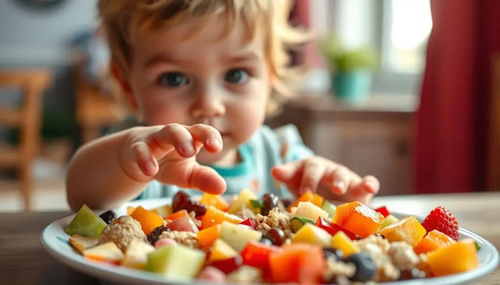 A vibrant, playful scene of a young child exploring new flavors and textures of food. In the foreground, a plate with an array of colorful, bite-sized pieces of various fruits, vegetables, and grains, inviting the child to reach out and discover. The child's hands are reaching towards the plate, eyes wide with curiosity. Soft, natural lighting filters in from the side, casting a warm glow on the scene. The background is blurred, suggesting a domestic, cozy setting, allowing the focus to remain on the child's newfound culinary adventure. The overall mood is one of wonder, discovery, and the joy of a developing palate.
