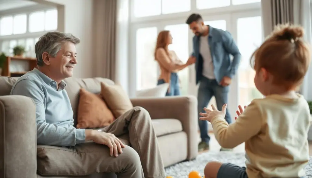 A warm and welcoming living room scene, with a single parent sitting on a comfortable sofa, facing a young child playing on the floor. The parent has a gentle, open expression, conveying a sense of care and acceptance. In the background, a new partner enters the room, approaching the child with a friendly, non-threatening demeanor, their body language suggesting a cautious, yet kind interaction. Soft, natural lighting filters through large windows, creating a cozy, inviting atmosphere. The overall mood is one of tentative but hopeful integration, as the new family unit begins to form. A warm and welcoming living room scene, with a single parent sitting on a comfortable sofa, facing a young child playing on the floor. The parent has a gentle, open expression, conveying a sense of care and acceptance. In the background, a new partner enters the room, approaching the child with a friendly, non-threatening demeanor, their body language suggesting a cautious, yet kind interaction. Soft, natural lighting filters through large windows, creating a cozy, inviting atmosphere. The overall mood is one of tentative but hopeful integration, as the new family unit begins to form.
