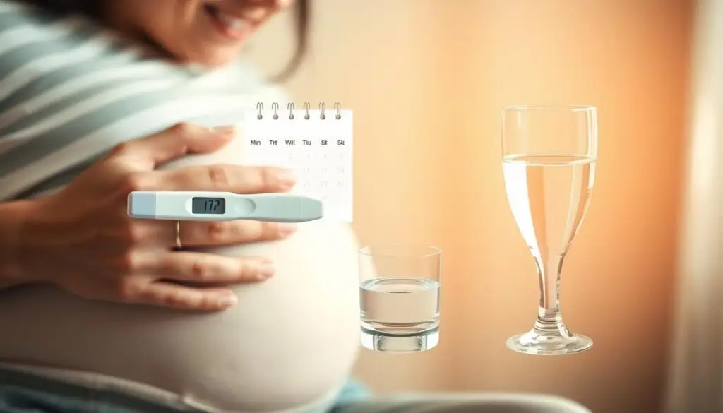 A warm, comforting scene depicting the early signs and symptoms of pregnancy. In the foreground, a woman's hand gently rests on her abdomen, a soft smile on her face as she intuits the changes within. The middle ground showcases a selection of common pregnancy indicators - a positive pregnancy test, a calendar marking missed periods, and a glass of water symbolizing morning sickness. The background is softly blurred, creating a sense of intimacy and introspection. Subtle, natural lighting illuminates the scene, capturing the wonder and anticipation of this transformative experience. The overall mood is one of quiet celebration, guiding the viewer to thoughtfully consider the journey of pregnancy identification. A warm, comforting scene depicting the early signs and symptoms of pregnancy. In the foreground, a woman's hand gently rests on her abdomen, a soft smile on her face as she intuits the changes within. The middle ground showcases a selection of common pregnancy indicators - a positive pregnancy test, a calendar marking missed periods, and a glass of water symbolizing morning sickness. The background is softly blurred, creating a sense of intimacy and introspection. Subtle, natural lighting illuminates the scene, capturing the wonder and anticipation of this transformative experience. The overall mood is one of quiet celebration, guiding the viewer to thoughtfully consider the journey of pregnancy identification.