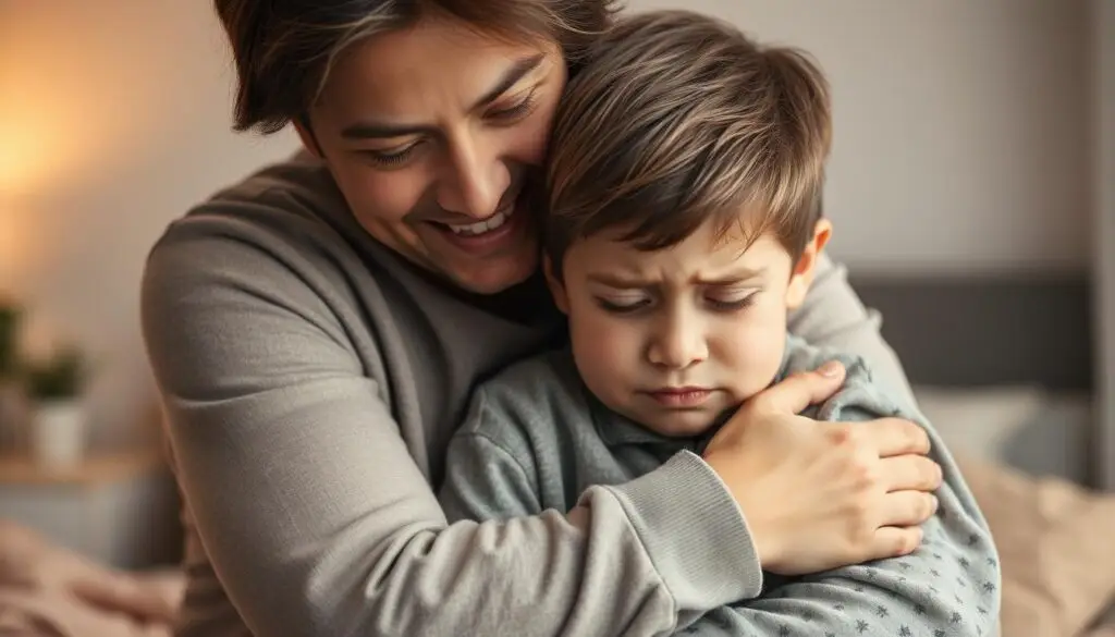 A warm, comforting scene of a parent providing emotional support to a child struggling with bruxism. In the foreground, a parent tenderly embraces their child, their expressions conveying understanding and reassurance. The child's face shows a mix of distress and vulnerability, but the parent's soothing presence helps to alleviate their anxiety. The middle ground features soft, muted colors and a cozy, nurturing environment, perhaps a bedroom or living room, creating a sense of safety and intimacy. The background is gently blurred, allowing the viewer to focus on the emotional connection between the two figures. Soft, diffused lighting casts a gentle glow, heightening the tranquil, supportive atmosphere. The overall mood is one of empathy, comfort, and the power of parental love to help a child through a challenging time.