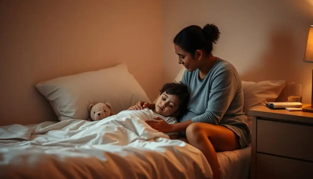 A warm, cozy bedroom scene with a parent sitting on the edge of a child's bed, gently comforting and reassuring the child as they struggle to fall asleep. Soft, muted lighting casts a calming glow, while a plush, stuffed animal rests beside the child. The parent's expression is one of understanding and patience, their body language conveying a sense of gentle guidance. In the background, a nightstand with a glass of water and a storybook hints at the bedtime routine. An atmosphere of trust, support, and the loving bond between parent and child permeates the scene.