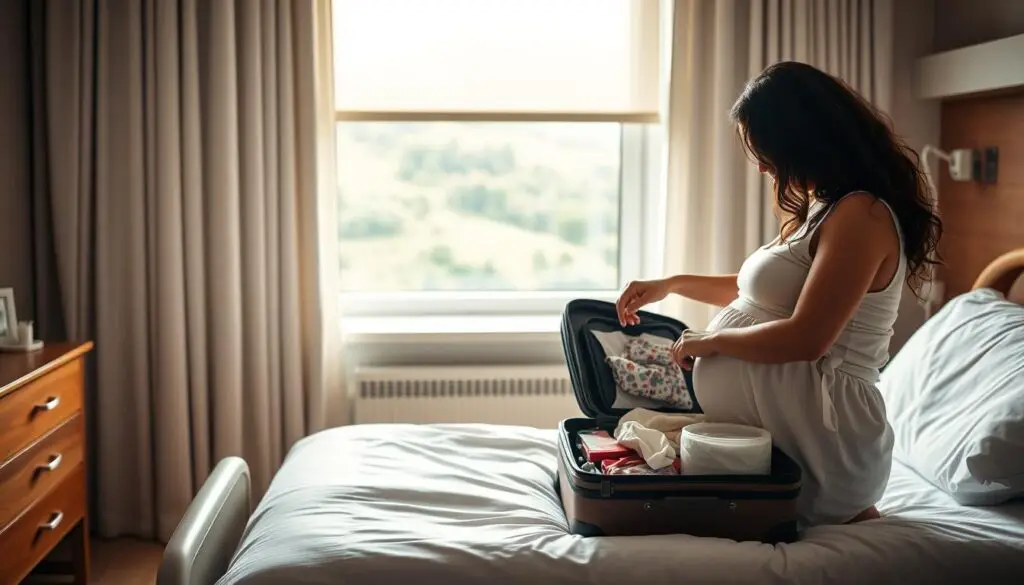 A warm, cozy hospital room bathed in soft, natural lighting. In the foreground, a pregnant woman carefully packs a small suitcase, meticulously selecting essentials for her hospital stay - comfortable pajamas, toiletries, and a few cherished items. The middle ground features a neatly made bed, its crisp, white linens inviting a much-needed rest. In the background, a window overlooks a serene, verdant landscape, symbolizing the tranquility and hope that accompanies this momentous journey. The overall atmosphere is one of anticipation, preparedness, and the quiet confidence of a woman readying herself for the arrival of her newborn.