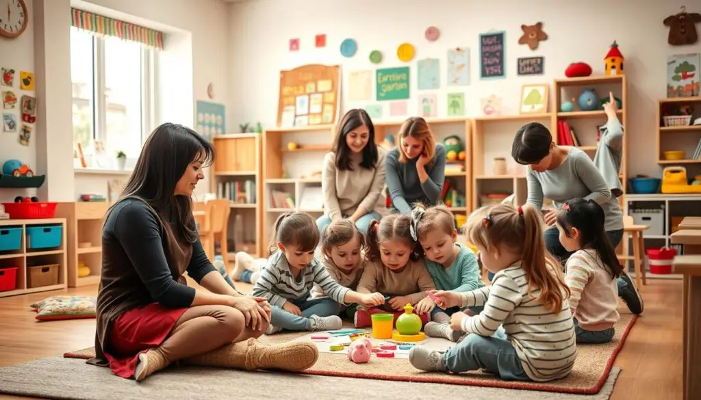 A warm, inviting kindergarten classroom with a group of teachers and young children engaged in cooperative learning activities. The foreground features a teacher sitting on the floor, guiding a small group of children as they work together on a craft project. The middle ground shows additional teachers interacting with individual students, offering encouragement and support. The background depicts colorful wall displays, cozy reading nooks, and educational toys, creating a nurturing and stimulating environment. The lighting is soft and natural, conveying a sense of comfort and care. The overall scene reflects the collaborative spirit of the "Współpraca z nauczycielami" section, highlighting the important role of teachers in fostering a positive learning experience for young children. A warm, inviting kindergarten classroom with a group of teachers and young children engaged in cooperative learning activities. The foreground features a teacher sitting on the floor, guiding a small group of children as they work together on a craft project. The middle ground shows additional teachers interacting with individual students, offering encouragement and support. The background depicts colorful wall displays, cozy reading nooks, and educational toys, creating a nurturing and stimulating environment. The lighting is soft and natural, conveying a sense of comfort and care. The overall scene reflects the collaborative spirit of the "Współpraca z nauczycielami" section, highlighting the important role of teachers in fostering a positive learning experience for young children.