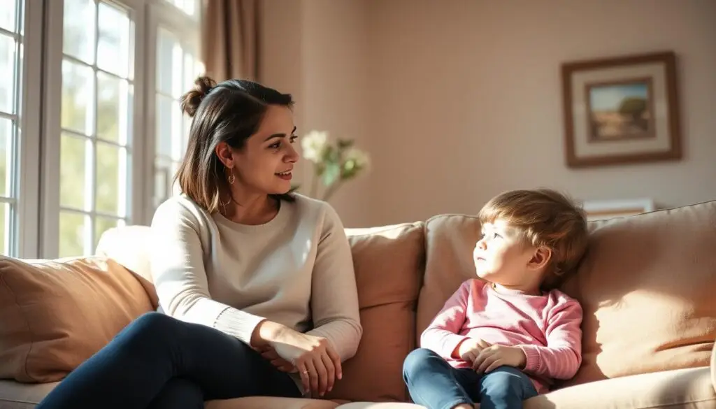 A warm, inviting living room setting with a mother and child sitting on a comfortable couch, engaged in a thoughtful discussion. The mother's expression is one of attentive concern, while the child appears thoughtful and open. Soft, natural lighting filters in through large windows, creating a calming atmosphere. The room is decorated with subtle, earthy tones, and the overall mood is one of understanding and connection. The composition emphasizes the close interaction between the two figures, conveying the intimacy and importance of their conversation. A warm, inviting living room setting with a mother and child sitting on a comfortable couch, engaged in a thoughtful discussion. The mother's expression is one of attentive concern, while the child appears thoughtful and open. Soft, natural lighting filters in through large windows, creating a calming atmosphere. The room is decorated with subtle, earthy tones, and the overall mood is one of understanding and connection. The composition emphasizes the close interaction between the two figures, conveying the intimacy and importance of their conversation.