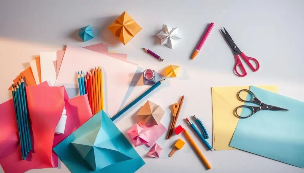 A well-lit tabletop arrangement showcasing a variety of DIY craft materials, including colorful sheets of origami paper, colored pencils, scissors, glue sticks, and other paper-based tools. The materials are arranged in an organized, visually appealing manner, with a clean, minimalist background that allows the supplies to take center stage. The lighting is soft and diffused, creating a warm, inviting atmosphere that evokes a sense of creativity and craftsmanship. The overall composition conveys a sense of possibilities and inspiration for handmade, personalized gifts.